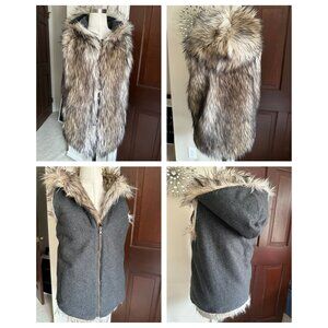 FREE PEOPLE 6 SHORE ROAD ZIP REVERSIBLE FAUX FUR GRAY WOOL HOODED HOPI VEST - S